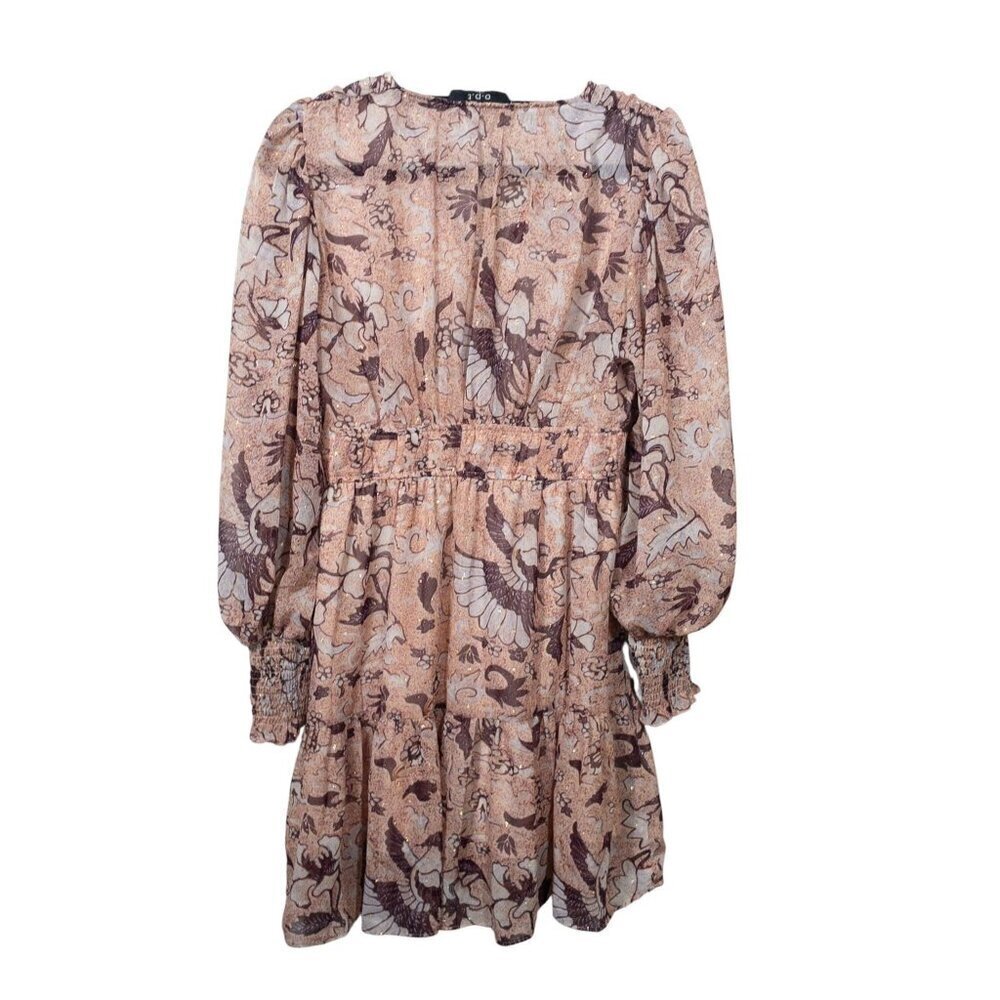 Anthropologie O.P.T Floral Birds Boho Prairie Dress SZ S Cream Brown Fall - Picture 2 of 11